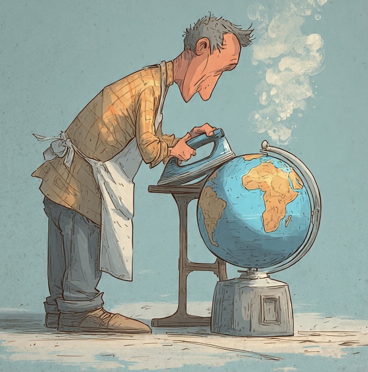 Man ironing a globe