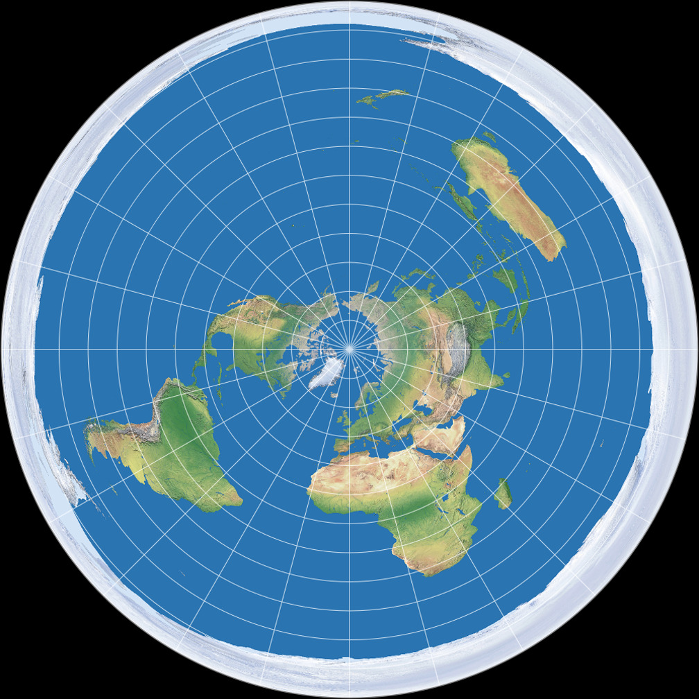North Polar azimuthal equidistant projection map of the earth; the flat earth map.