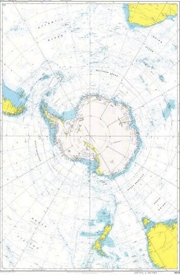 Admiralty chart 4009 showing Antarctica, the seas around, and lines of longitude converging at the South Pole.
