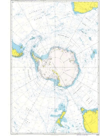 Admiralty chart 4009 showing Antarctica, the seas around, and lines of longitude converging at the South Pole.